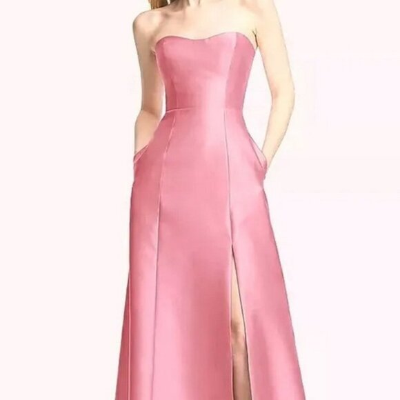 Alfred Sung Powder Pink Strapless Satin A-Line Gown D842 - Picture 3 of 4
